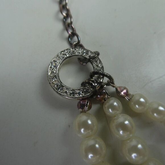 Triple Multi Strand Graduated Round Faux Pearl Beaded Rhinestone Bib Necklace - Picture 2 of 9